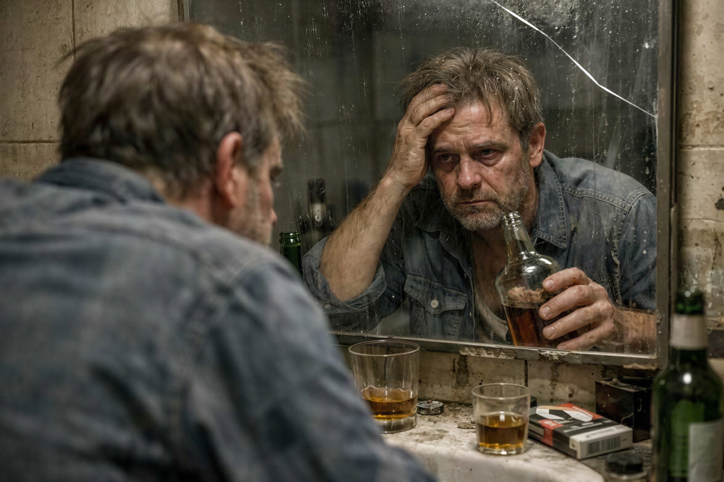Disheveled man in grungy bathroom with amber bottle