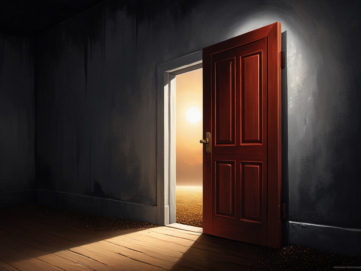 Digital painting of a dark room with a red door