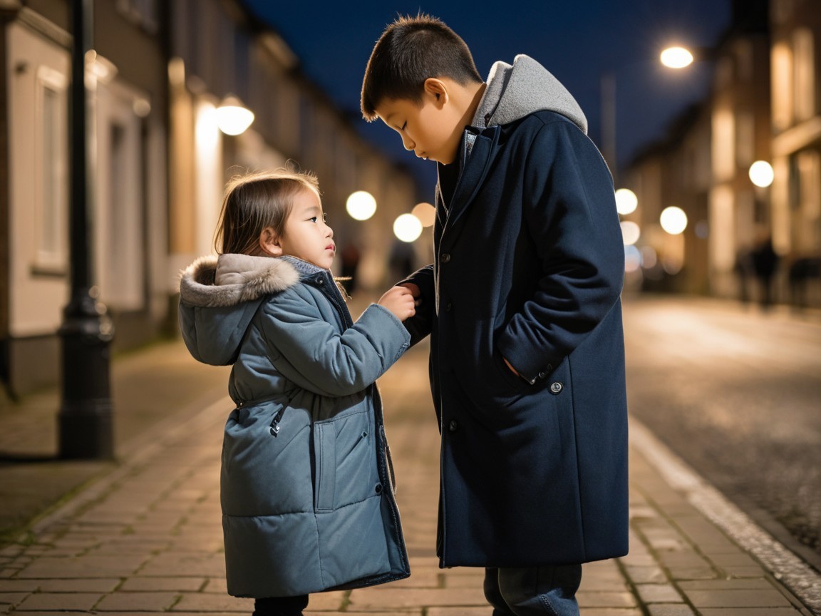Children on Cobblestone Sidewalk at Twilight