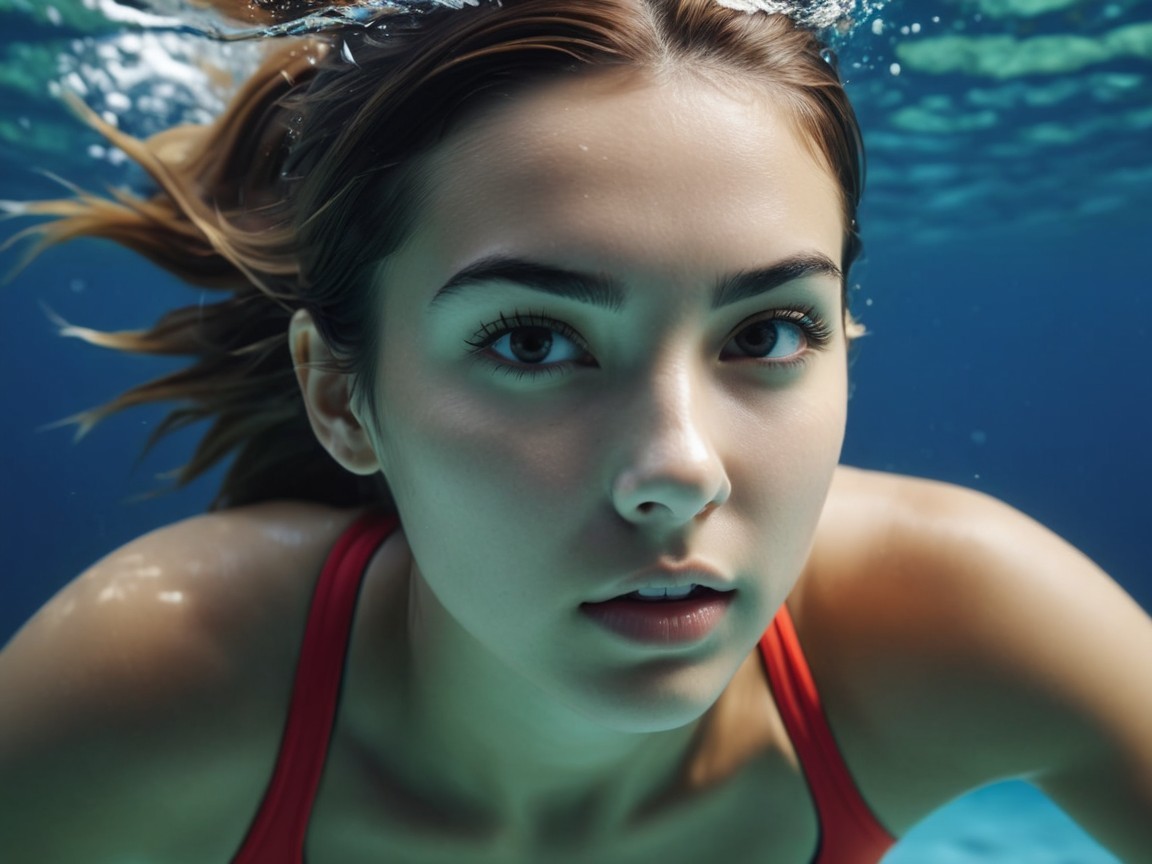Underwater Scene of a Young Woman in a Red Swimsuit