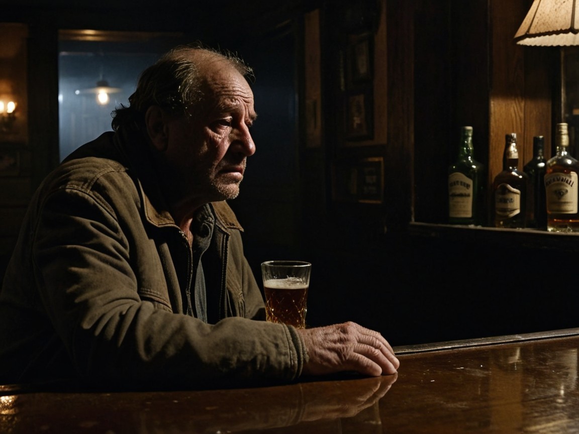 Solemn Man at Dimly Lit Bar with Beer and Bottles