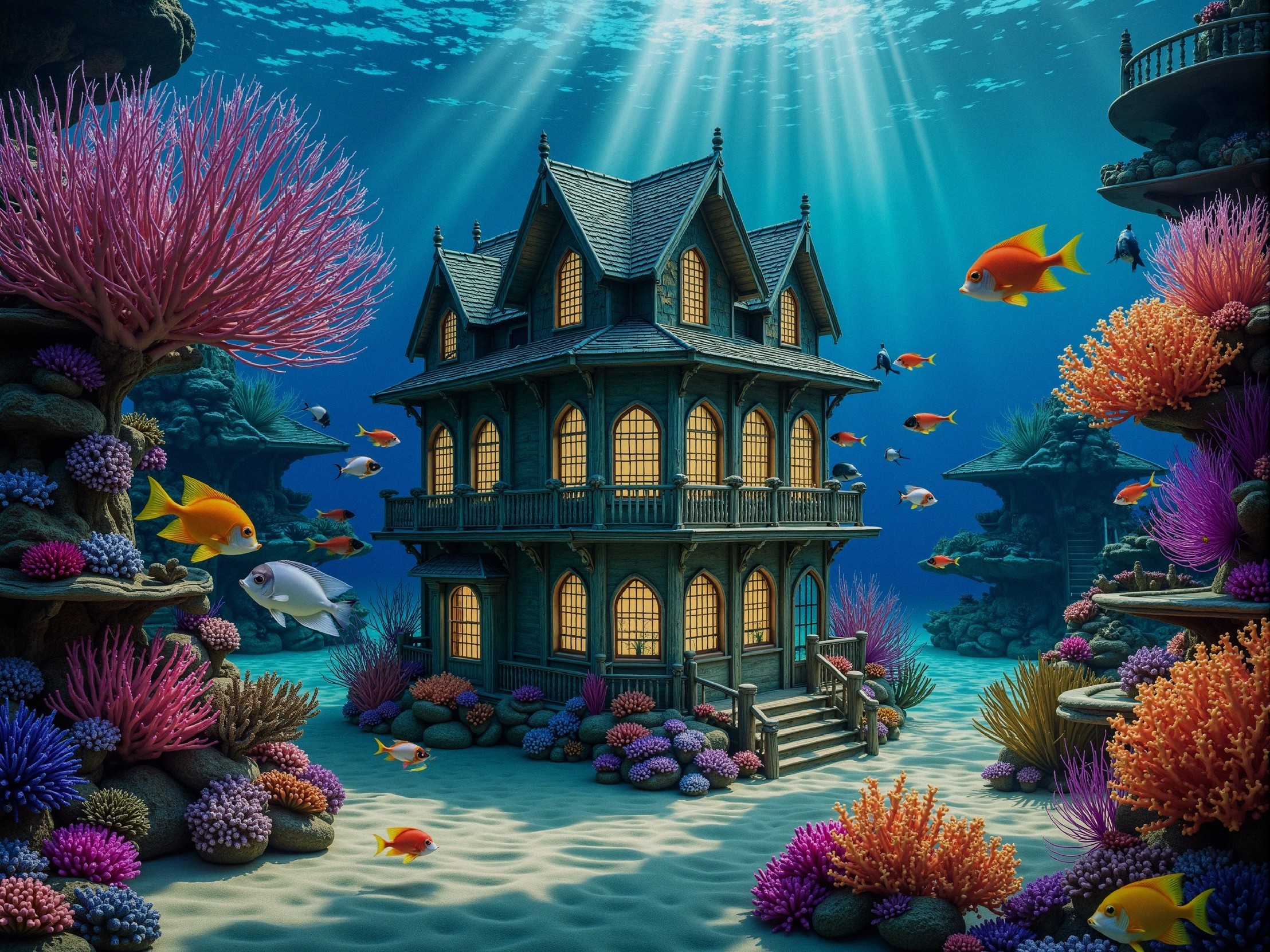 Underwater Mansion Surrounded by Colorful Coral Reefs