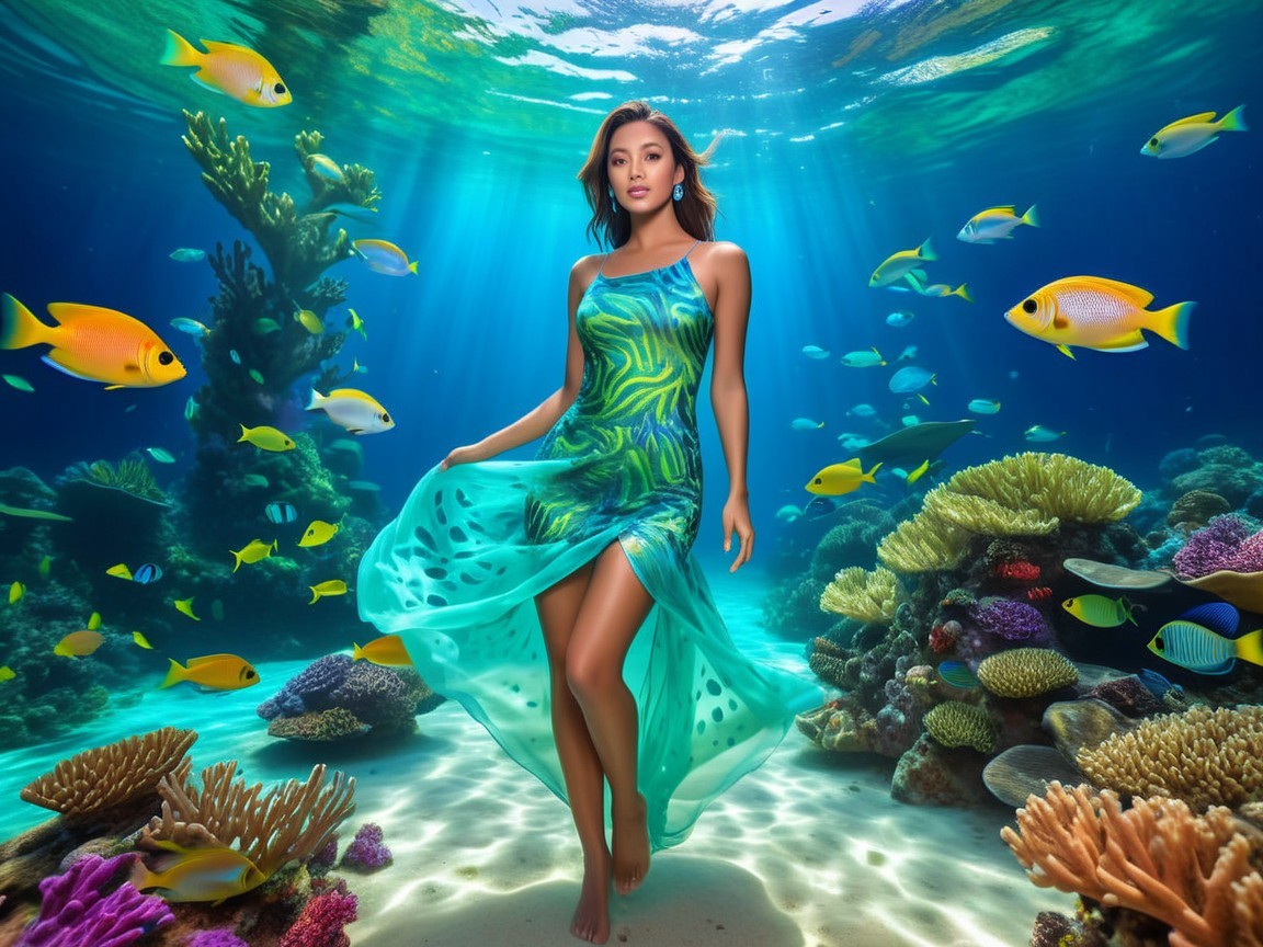 Underwater Scene with Woman in Tropical Dress