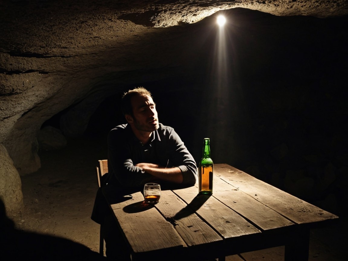 Man in Cave with Whiskey and Green Bottle