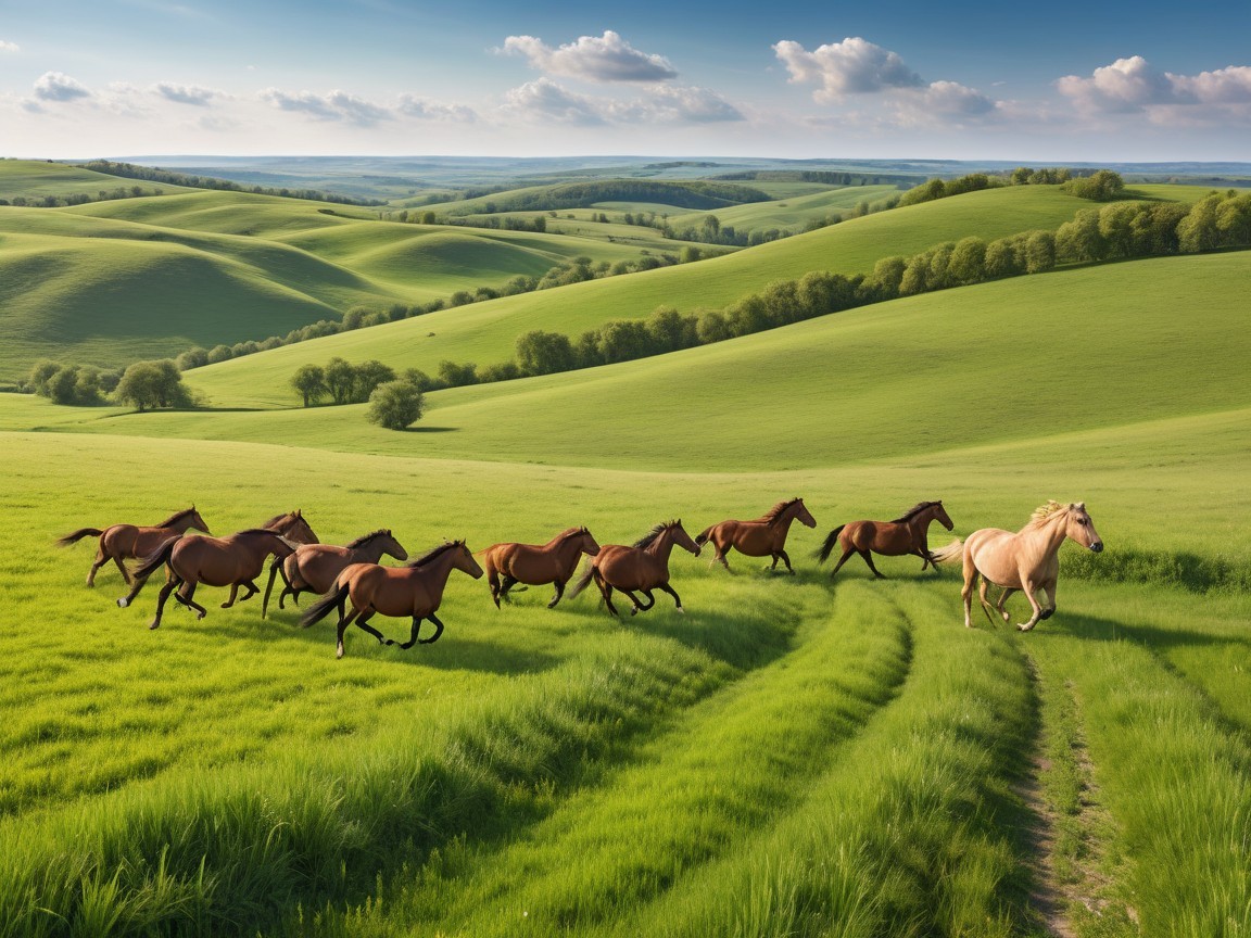 Herd of Horses Running in a Green Hilly Landscape