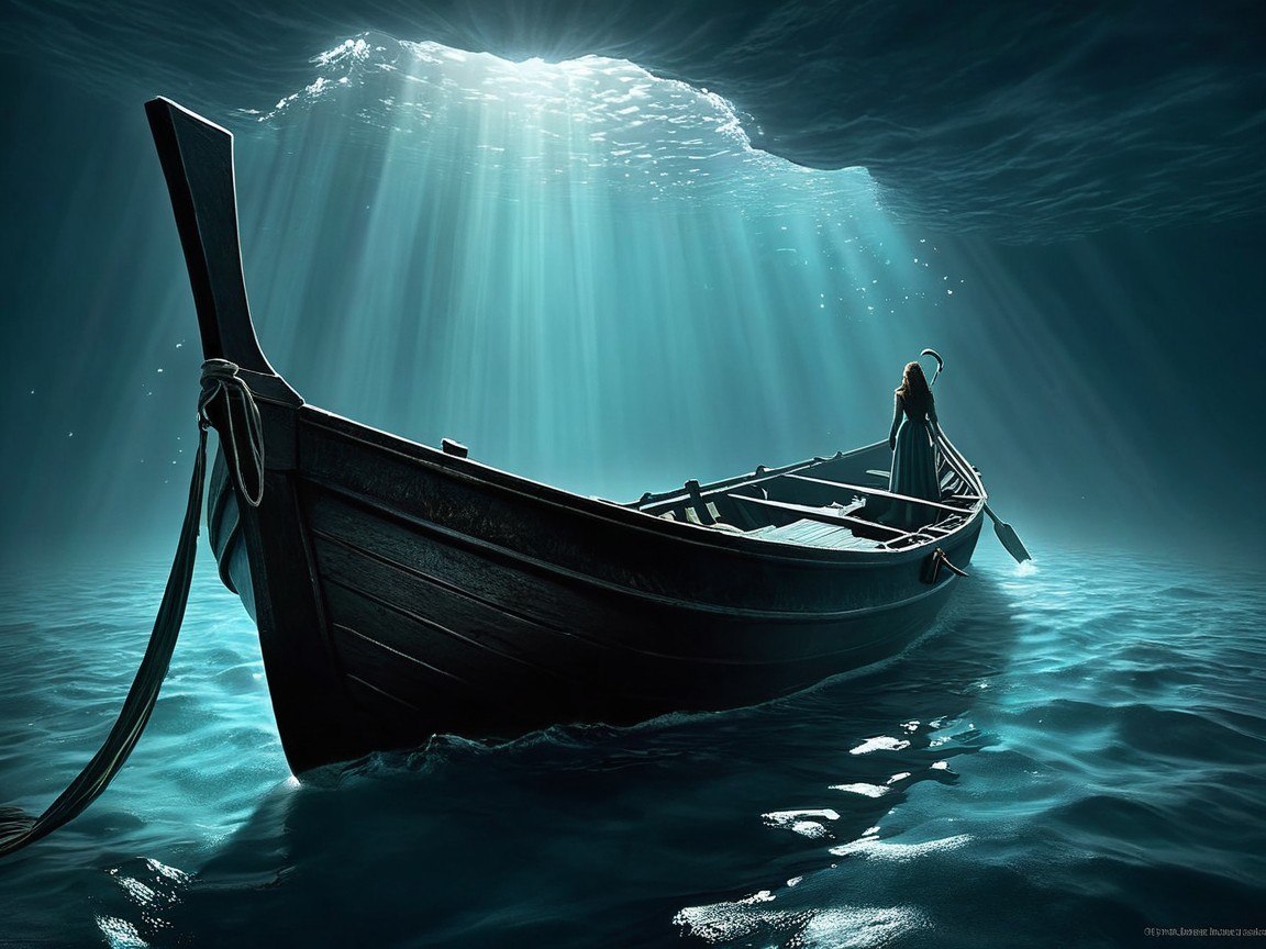 Rowboat in Cave with Sunlight and Dark Waters