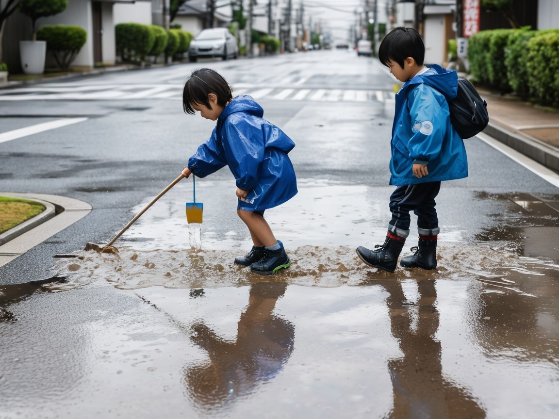 Boys Playing in Puddle on Wet Asphalt Street