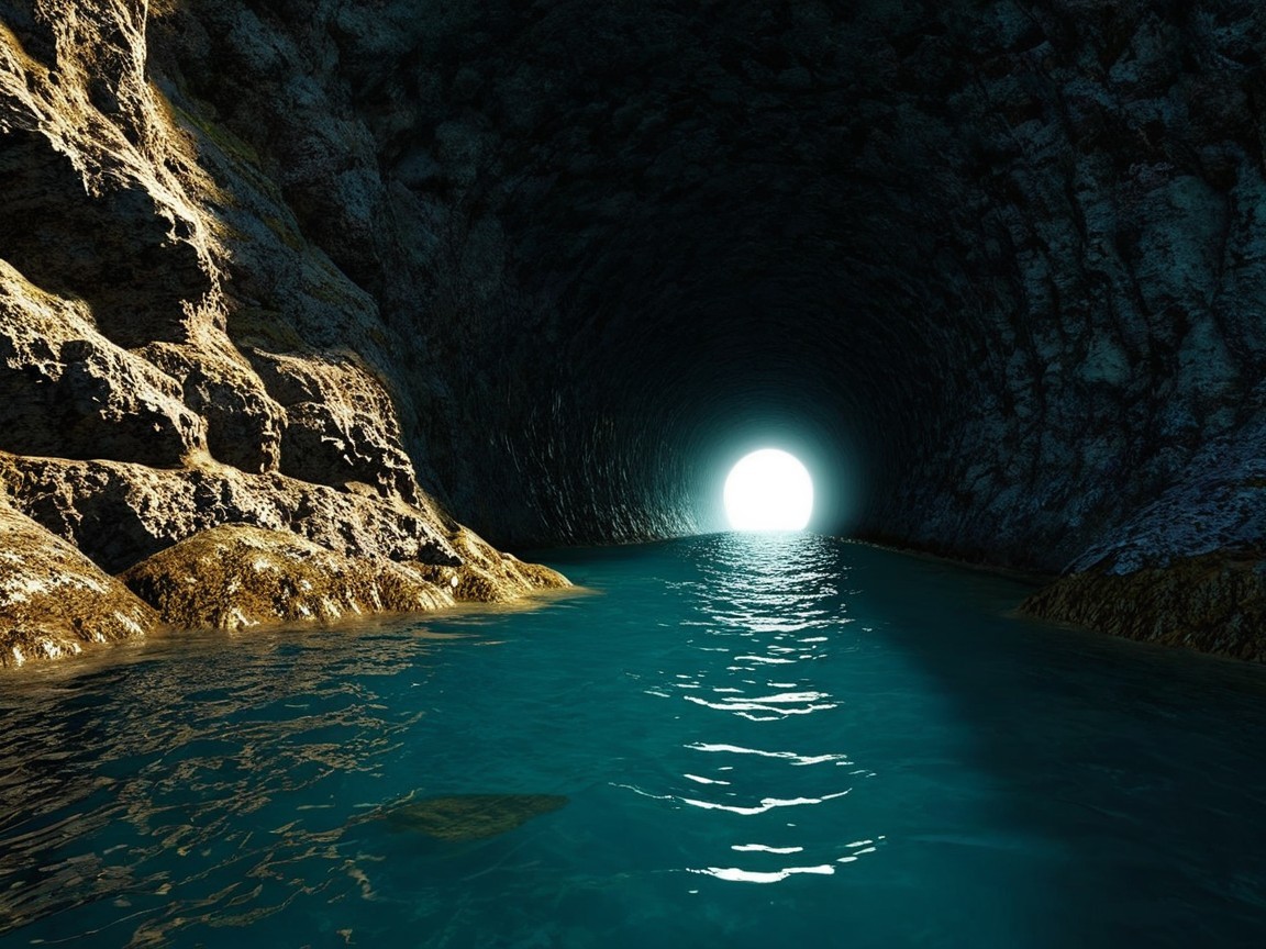 Detailed Cave Scene with Water and Dramatic Lighting