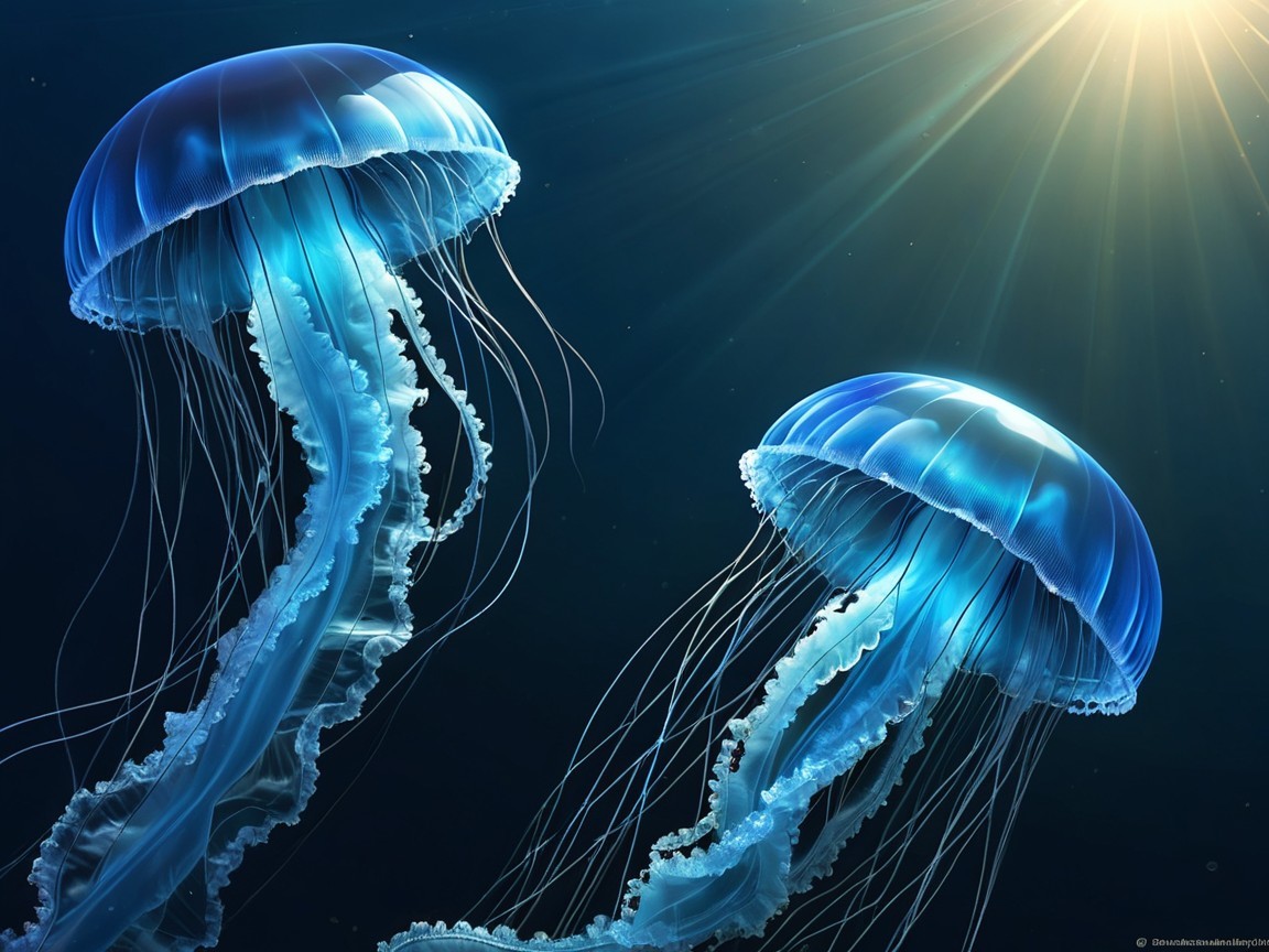 Translucent blue jellyfish in a deep blue ocean