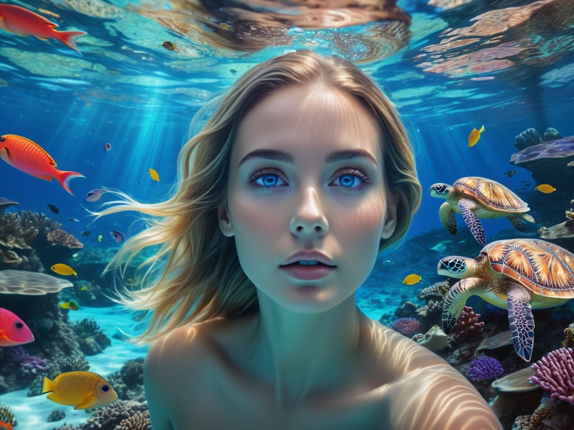 Underwater Scene with Woman and Marine Life