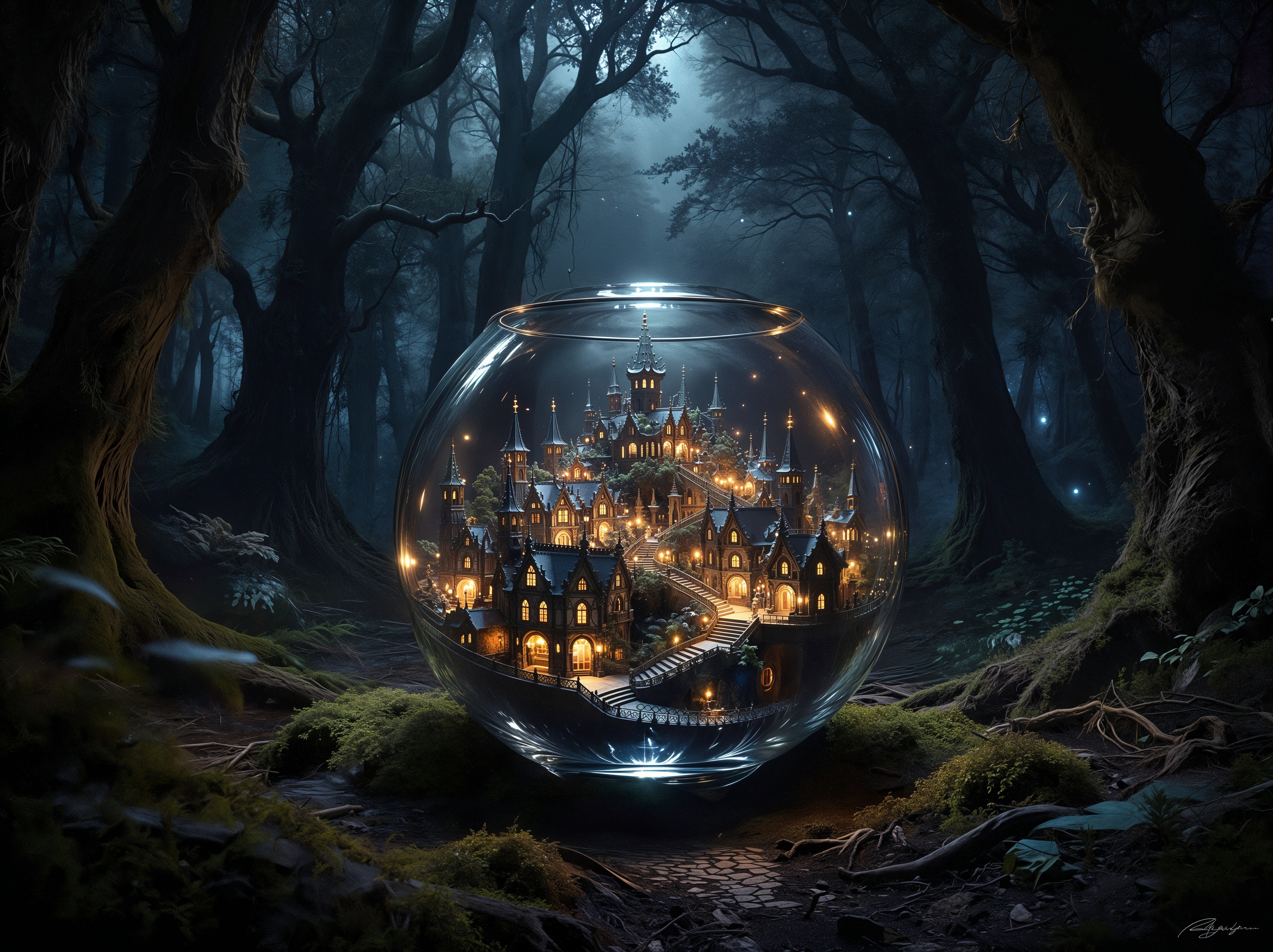 Magical city inside glass sphere in enchanted forest