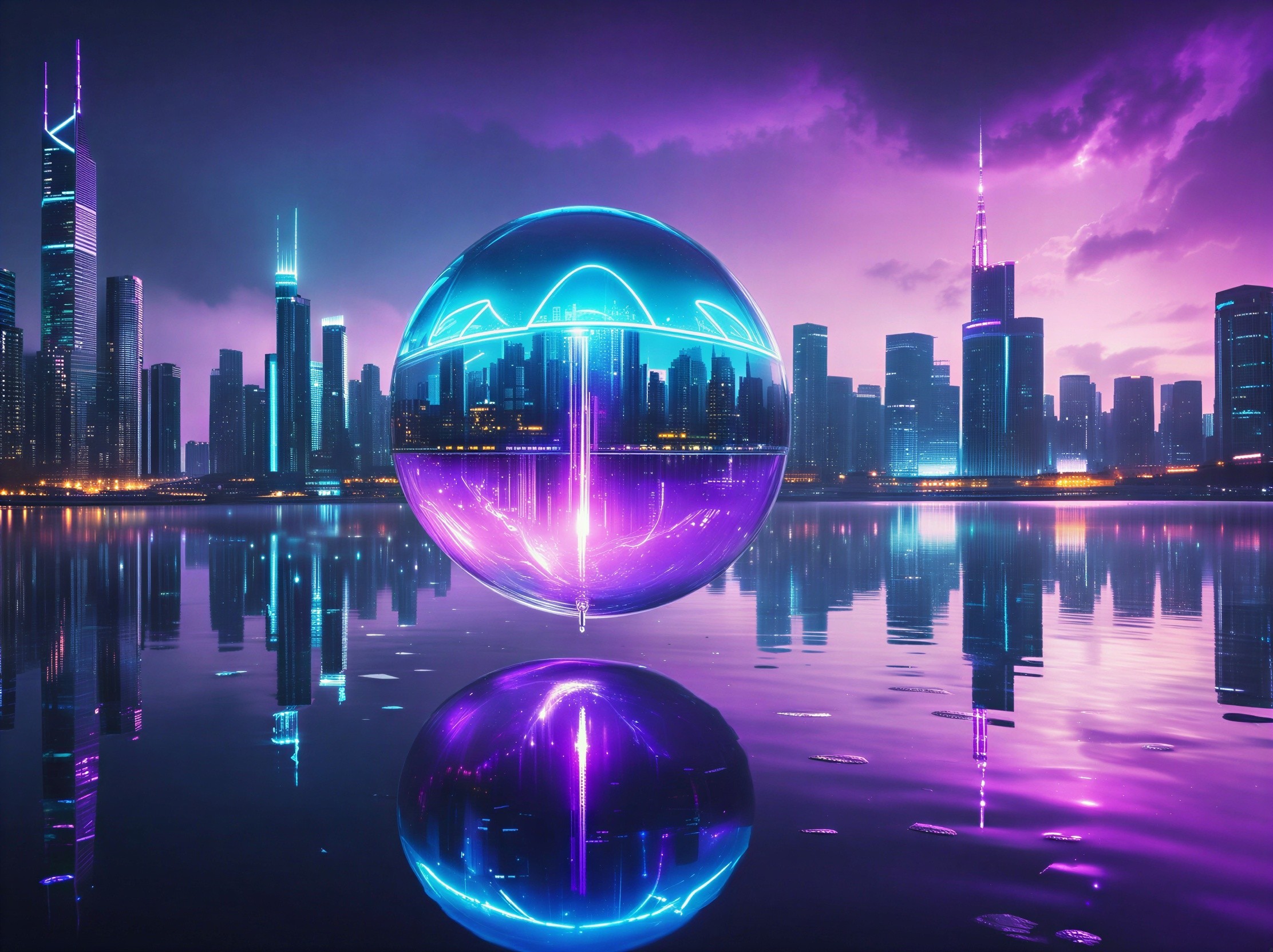 Futuristic City Skyline with Luminous Orb at Twilight