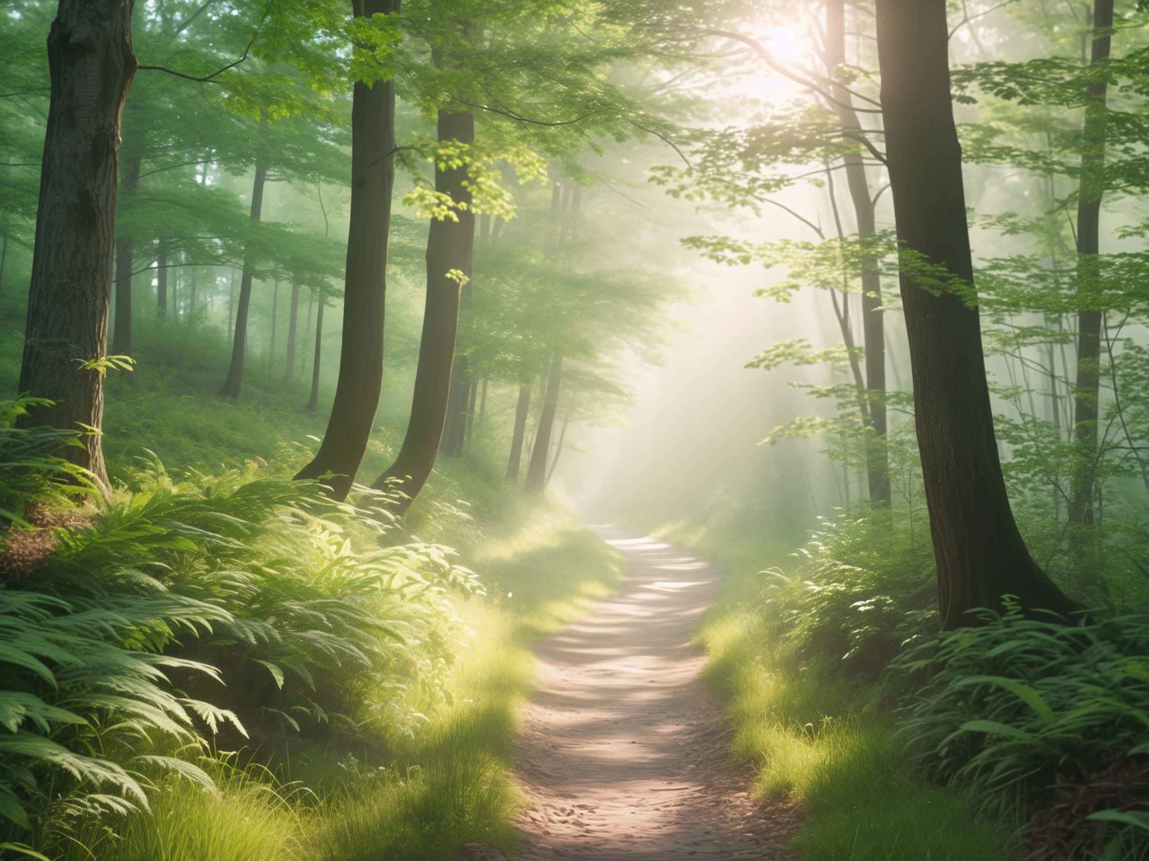 Serene Forest Path Surrounded by Lush Greenery
