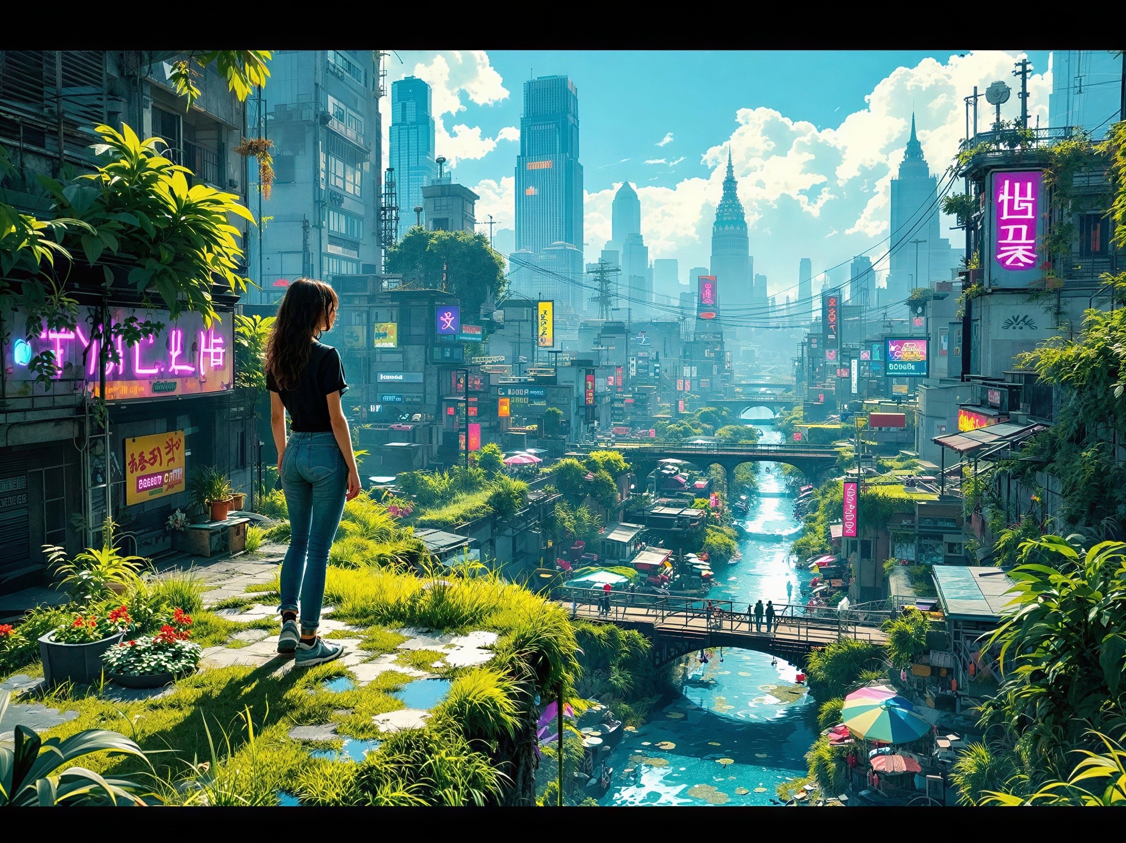 Futuristic Asian-style cityscape with a woman in view