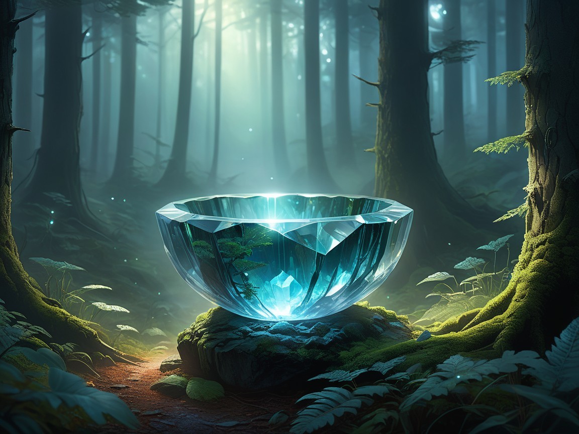 Glowing Ice Bowl in a Dark Magical Forest Setting