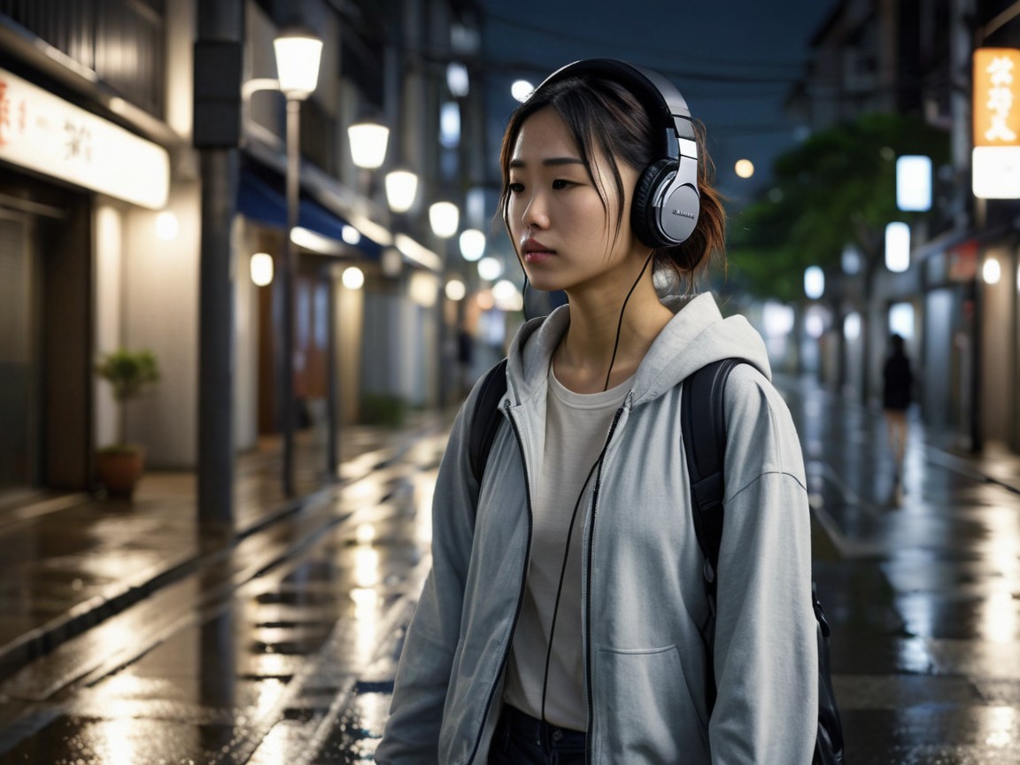 Young Woman in Rainy Street with Headphones and Hoodie
