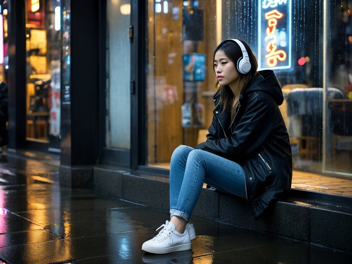 Young woman in stylish jacket on rainy city sidewalk