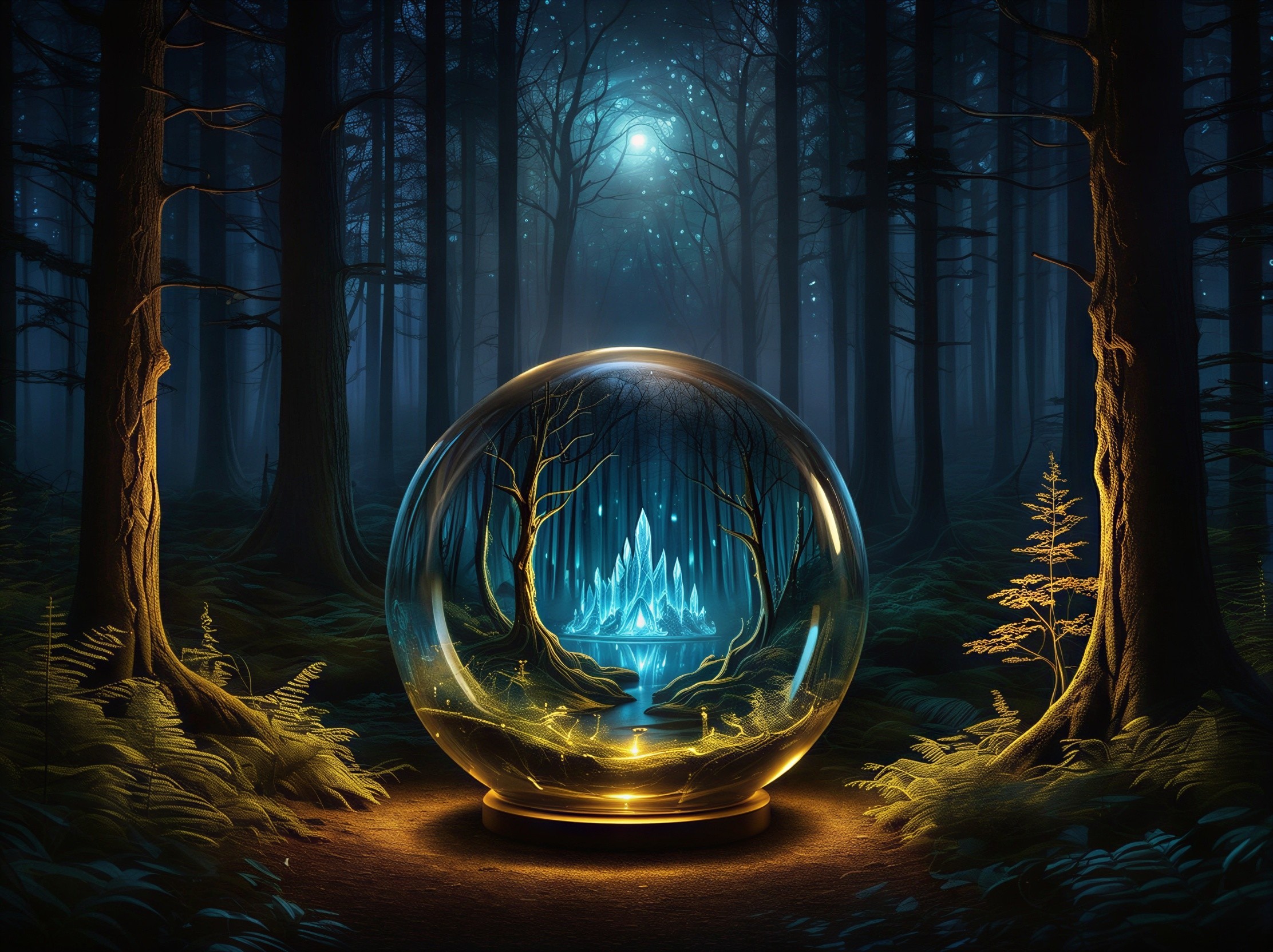 Magical forest scene with glass orb and mystical landscape