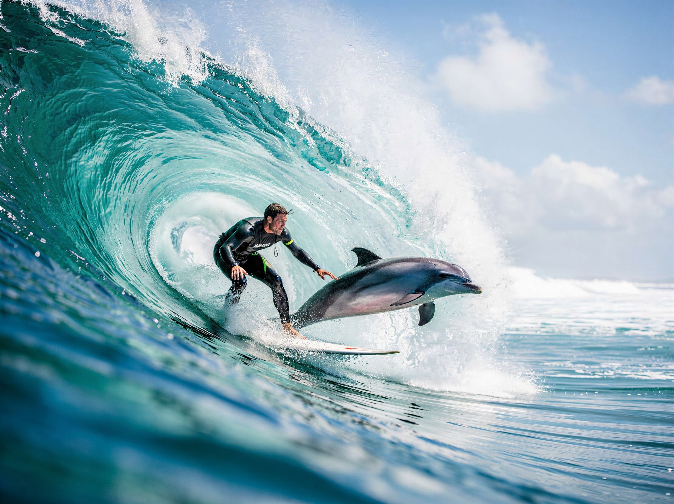 Surfer Riding Wave with Dolphin Under Blue Sky