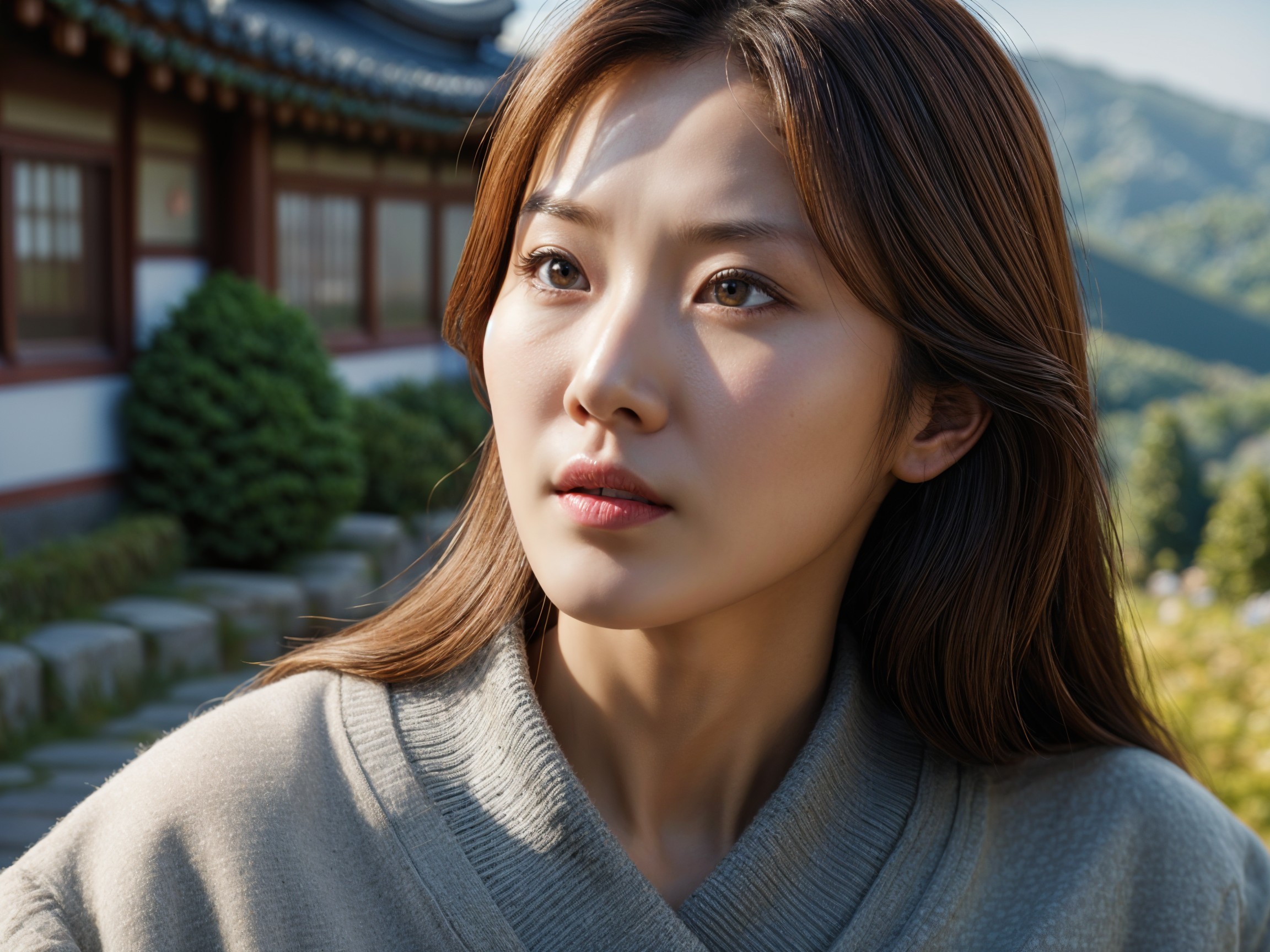 Young woman in sweater amid serene landscape and architecture