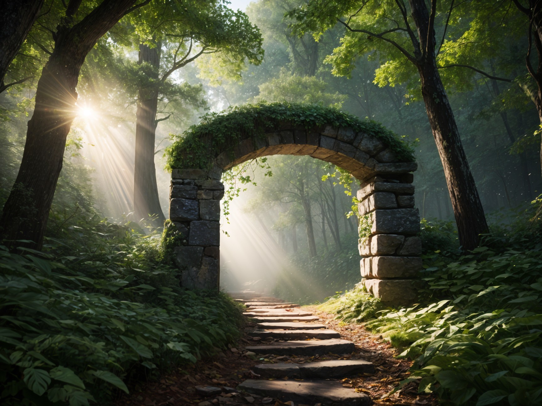 Serene forest scene with stone archway and sunlight