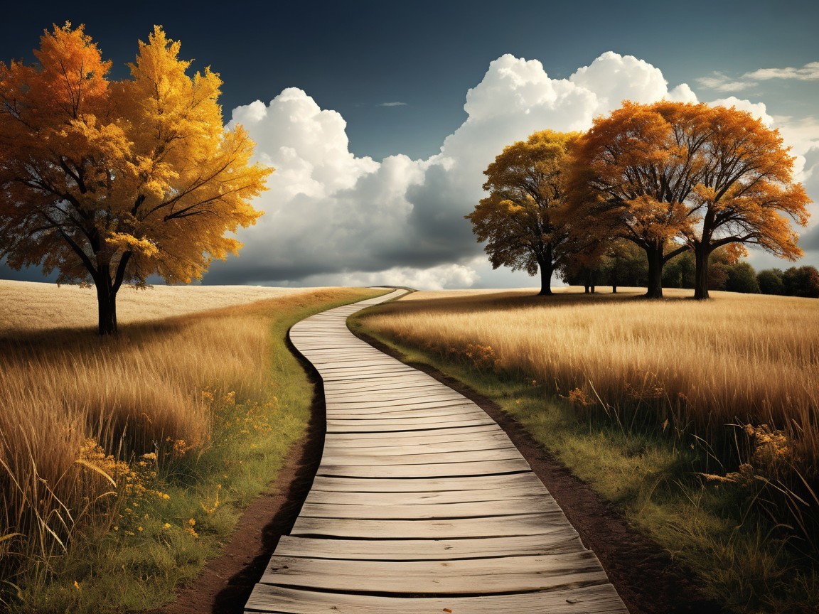 Curved Wooden Boardwalk in Autumn Field Landscape