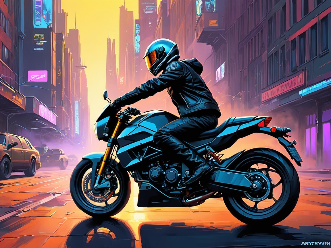 Futuristic cityscape with rider on modern motorcycle