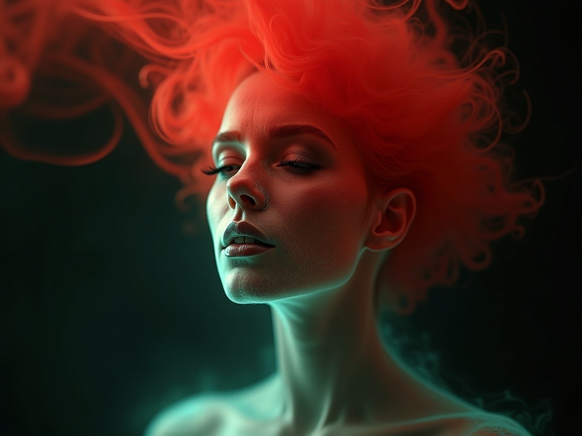 Woman with Red Hair in Ethereal Lighting and Pose