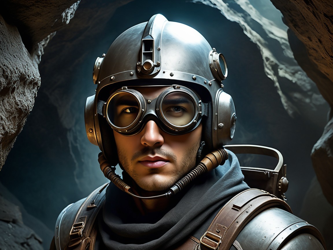 Portrait of a Man in Vintage Helmet and Goggles