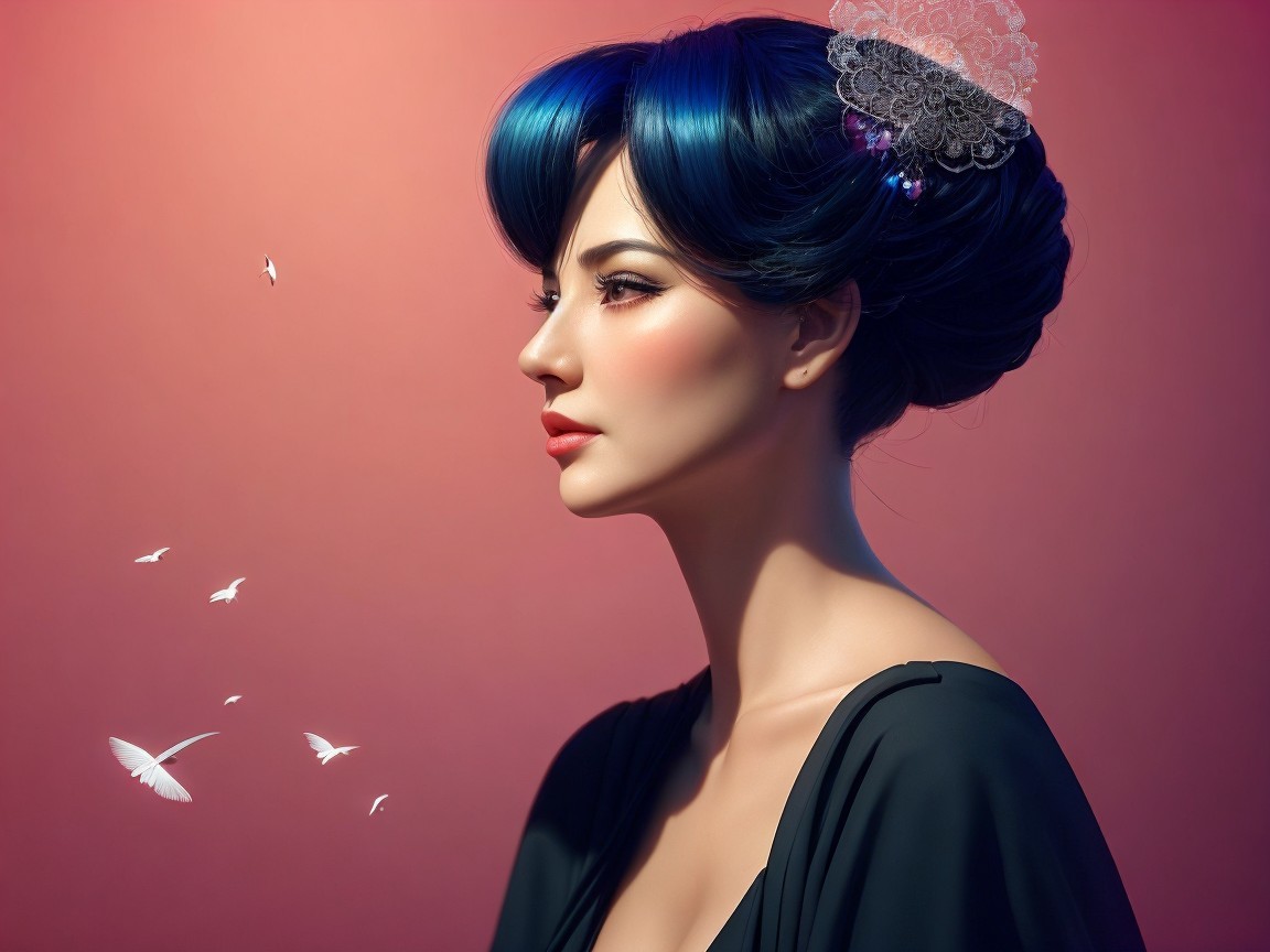 Elegant Profile of Woman with Dark Hair and Lace Accessory