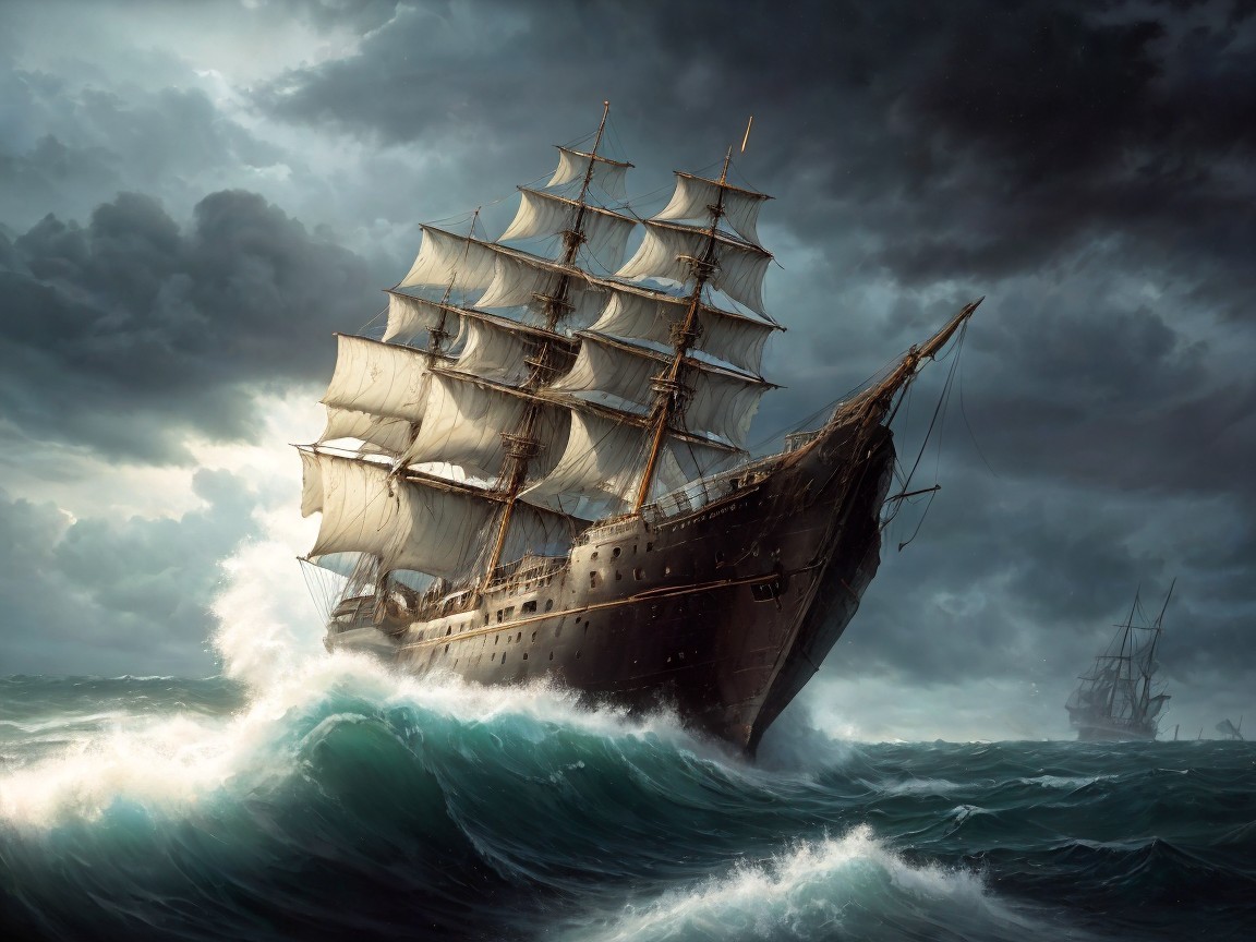Tall Ship Navigating Dark Seas Under Dramatic Sky