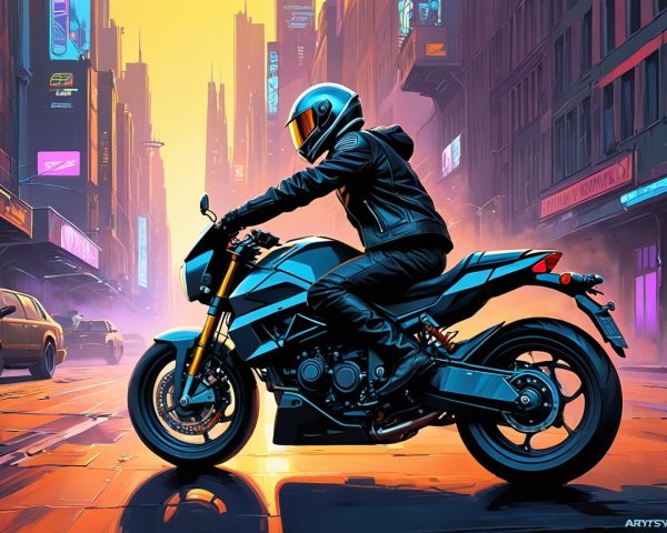 Futuristic cityscape with rider on modern motorcycle