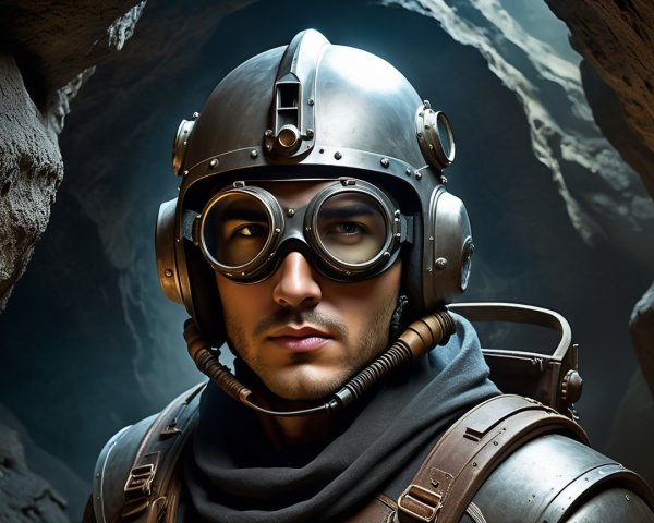 Portrait of a Man in Vintage Helmet and Goggles