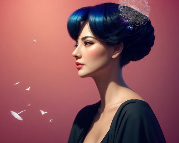 Elegant Profile of Woman with Dark Hair and Lace Accessory