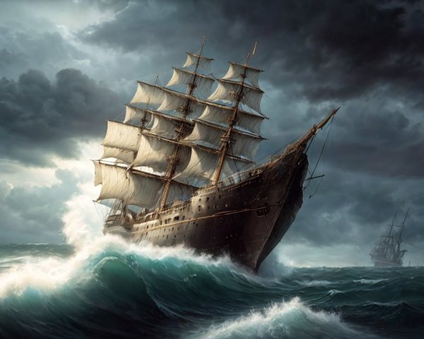 Tall Ship Navigating Dark Seas Under Dramatic Sky
