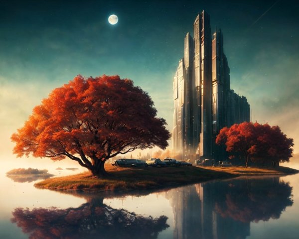 Futuristic cityscape with lake and vibrant red trees