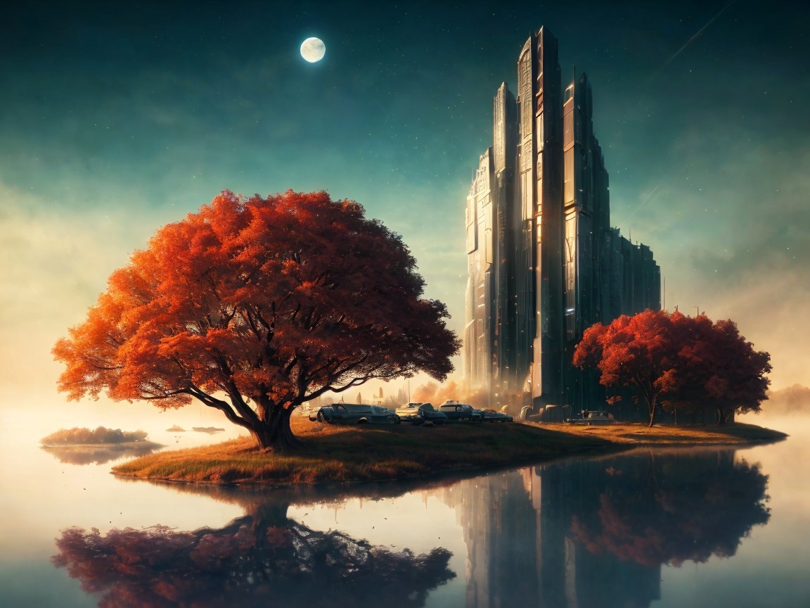Futuristic cityscape with lake and vibrant red trees