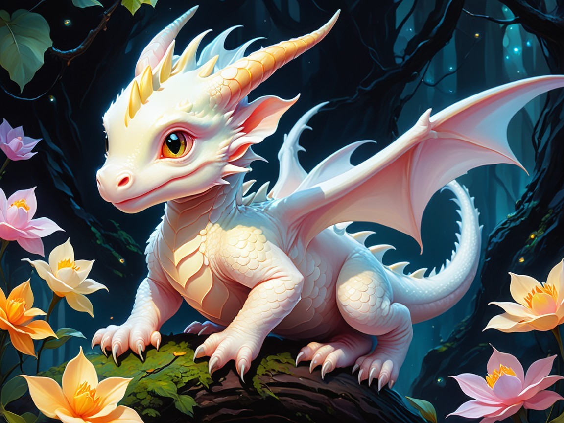 Small White Dragon in Enchanted Forest Setting