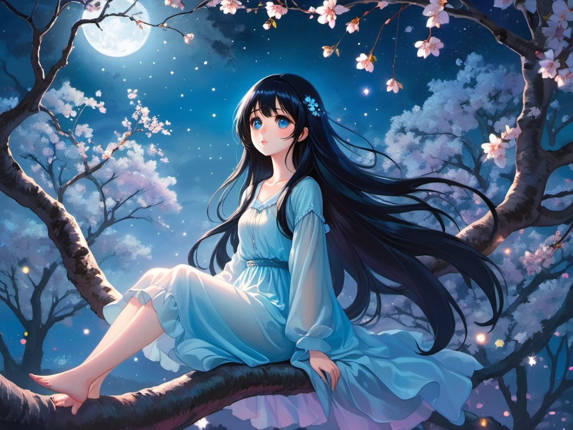 Young girl in blue nightgown under starry sky
