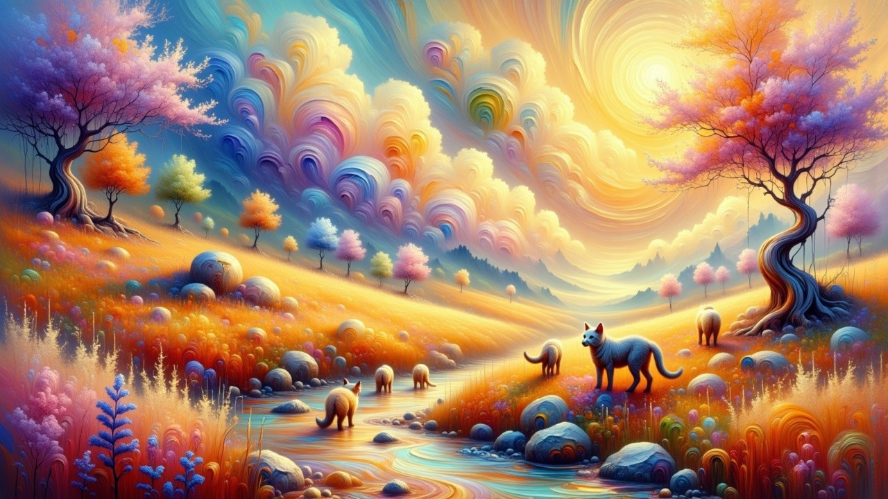 Surreal Landscape with Colorful Hills and Animals