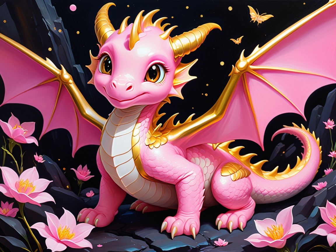 Pink Dragon Surrounded by Flowers and Butterflies
