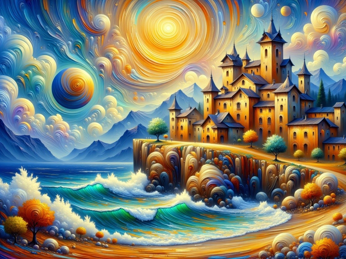Vibrant seaside village on a rocky cliff landscape