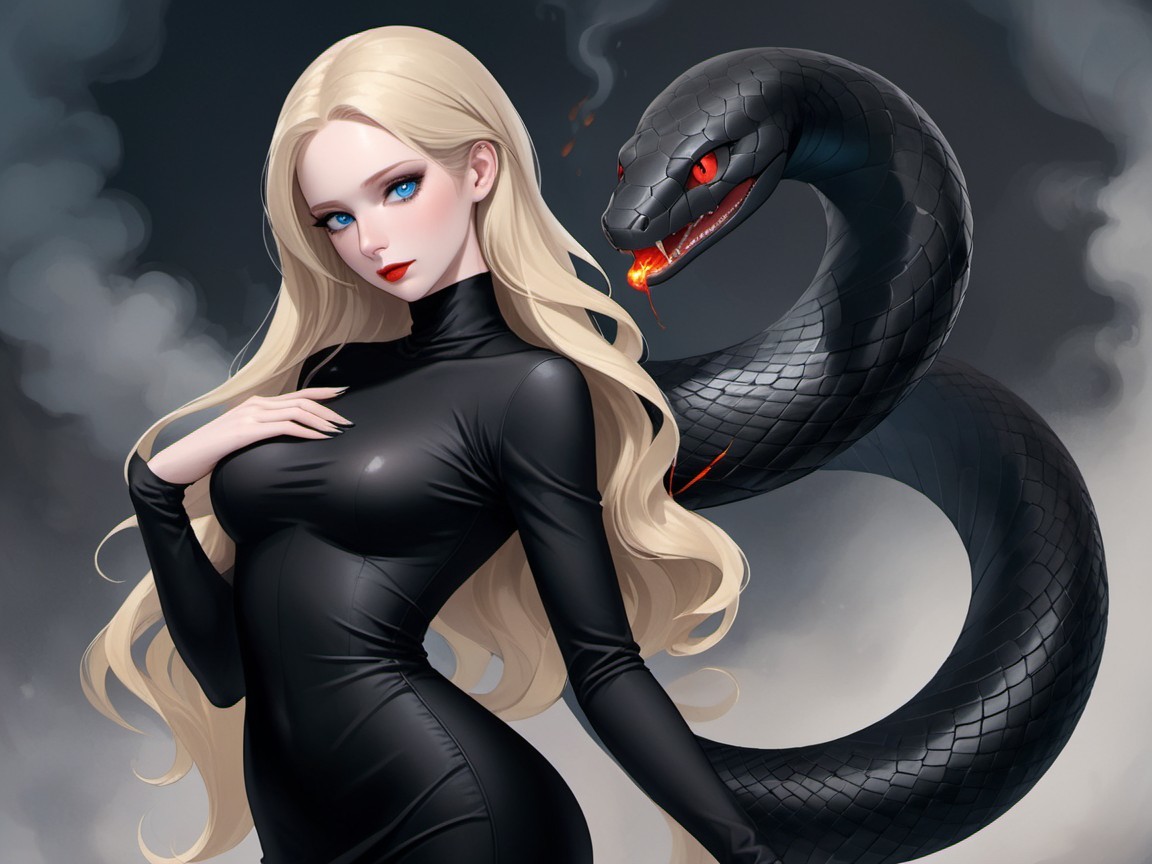 Confident Woman with Serpent in Ominous Background