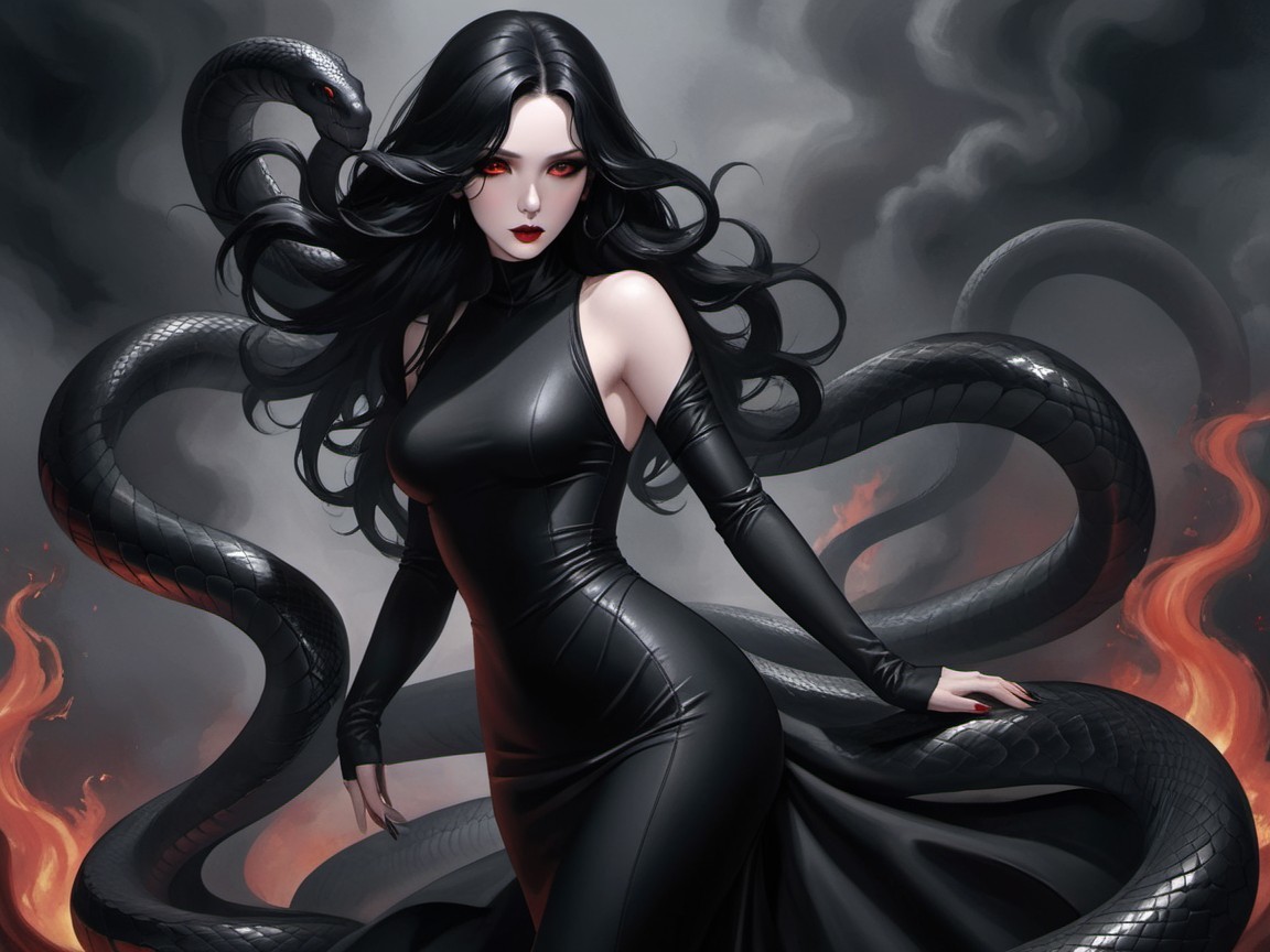 Mysterious Figure in Black Dress with Ominous Backdrop