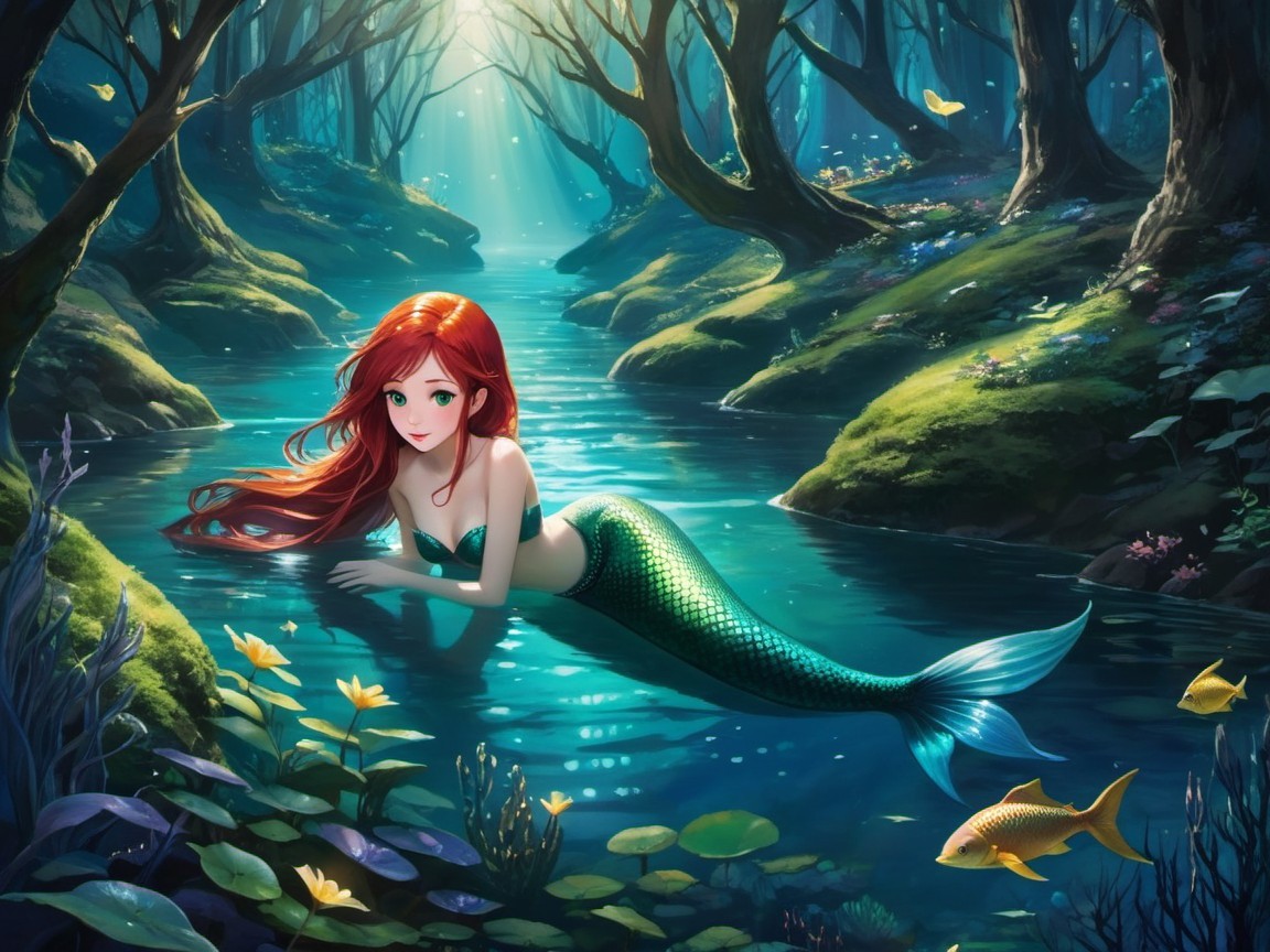 Mermaid in Underwater Scene with Lush Greenery and Light