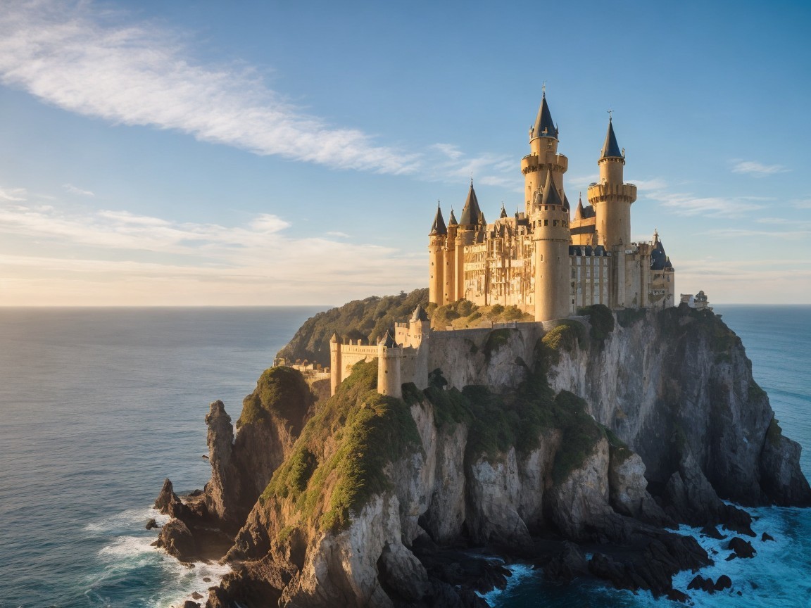 Castle on Cliff Overlooking Ocean with Lush Greenery