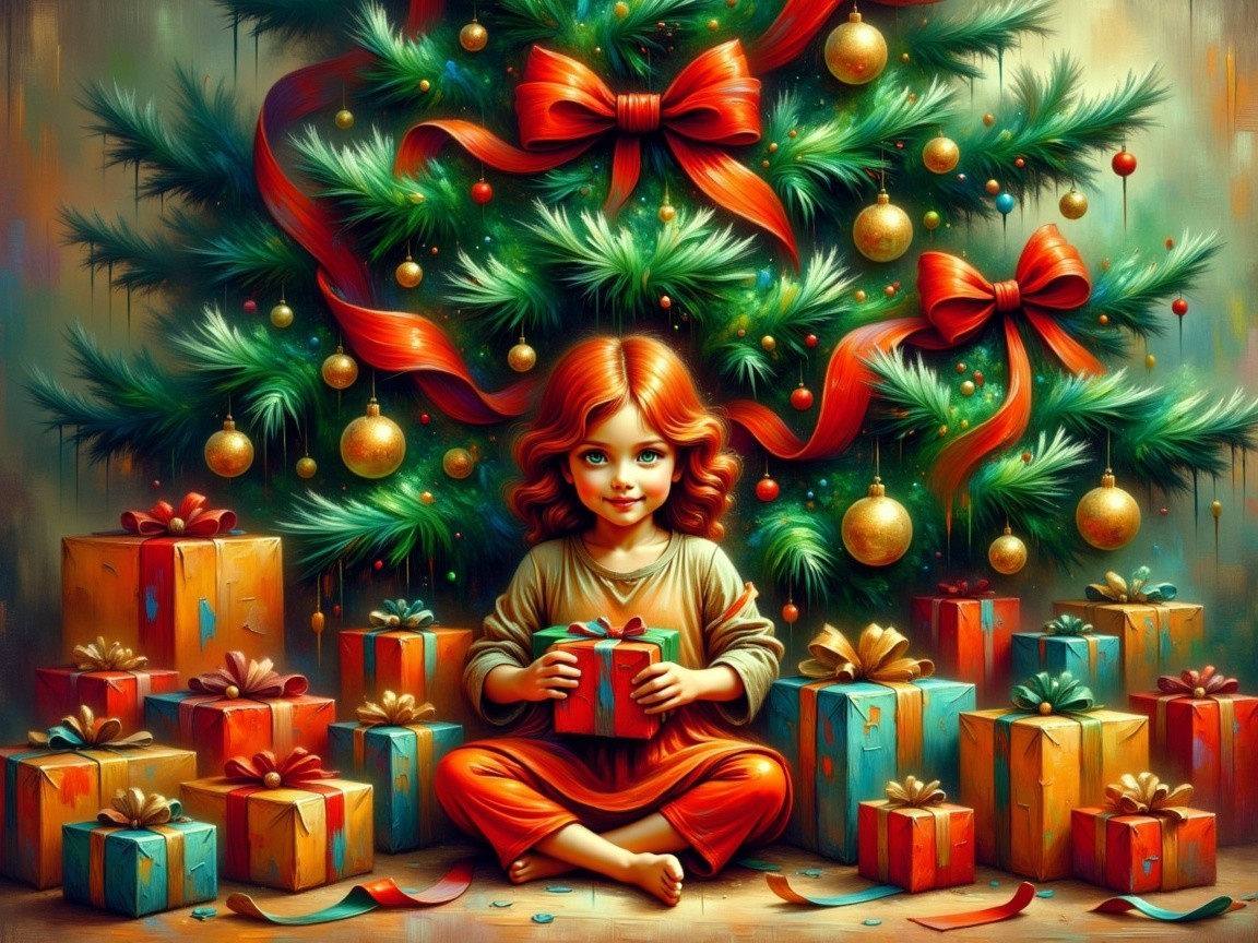 Redheaded Girl Surrounded by Christmas Presents and Tree