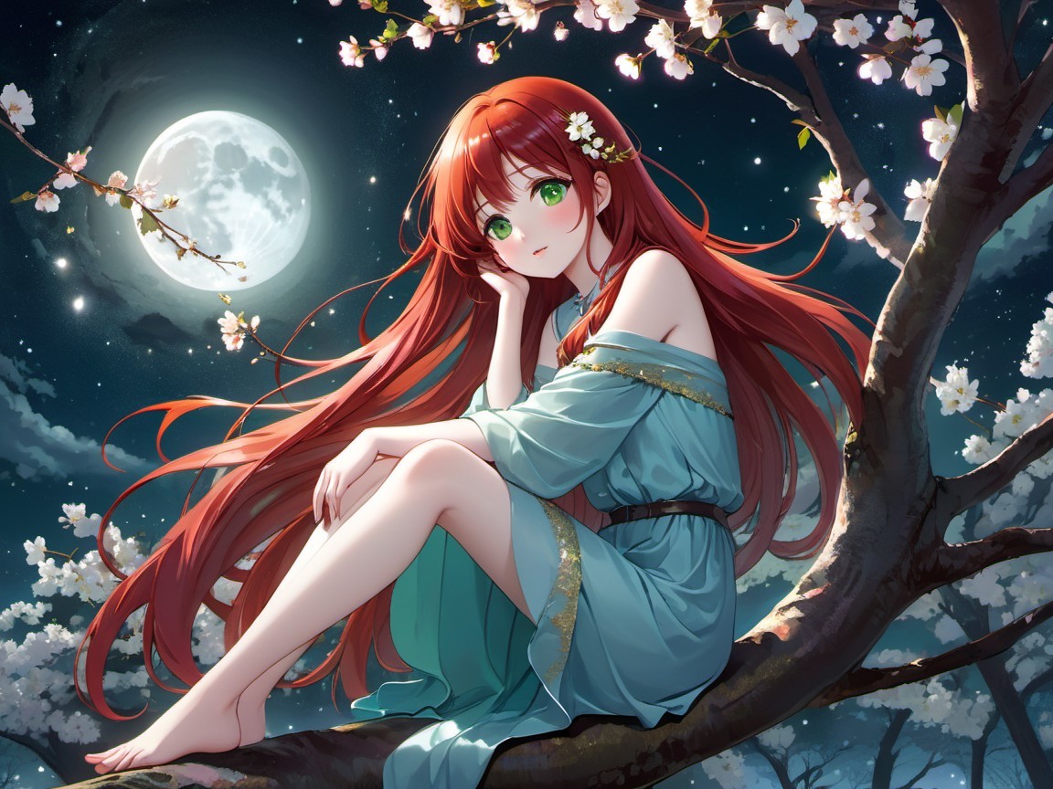 Young girl in tree with cherry blossoms and moonlight