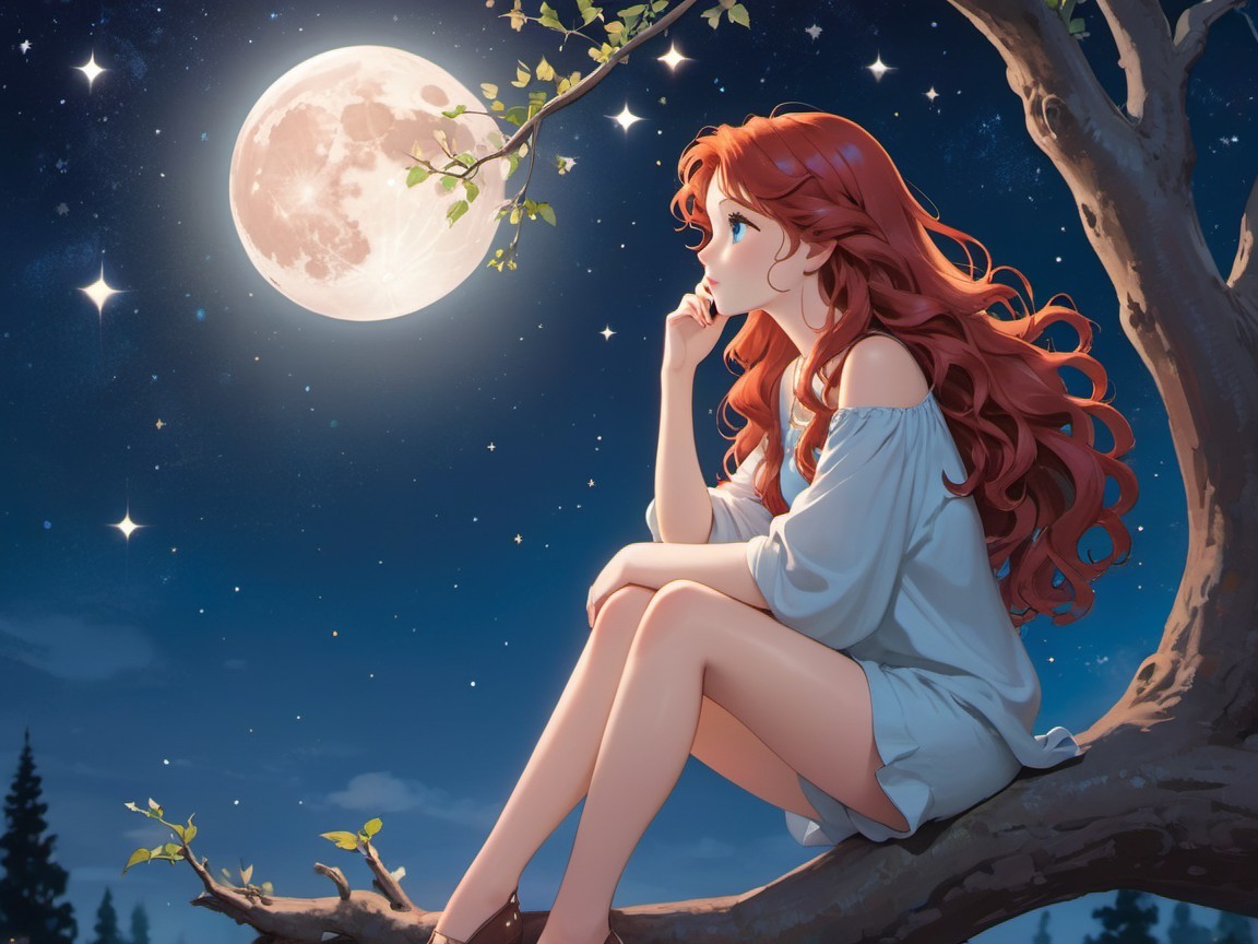 Girl with Red Hair on Tree Branch Under Full Moon