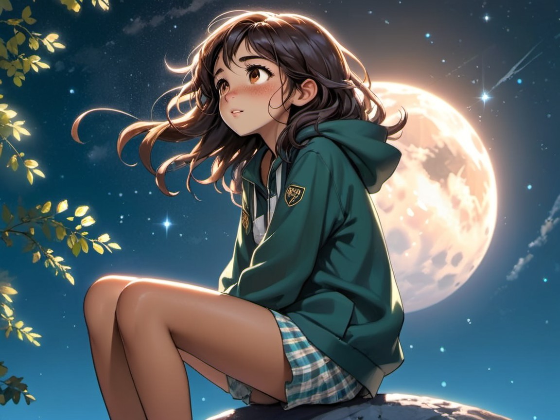 Young girl in green hoodie under starry night sky